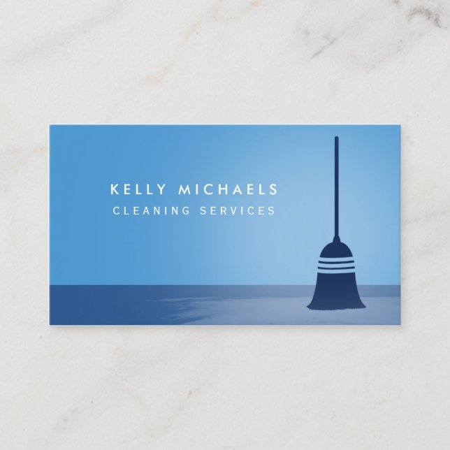 Modern Blue Broom Elegant Cleaning Services Business Card (Front)