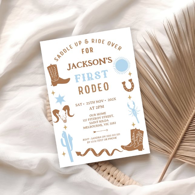 Modern Blue Brown Cowboy First Rodeo 1st Birthday  Invitation (Boys First Rodeo Birthday Invitation, Cowboy First Rodeo 1st Birthday Invitation, Western Wild West )