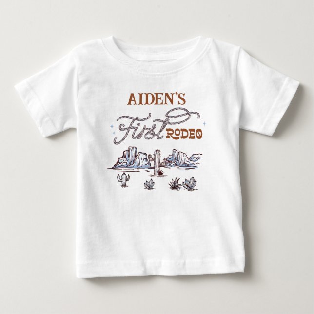 Modern Blue Brown Desert First Rodeo 1st Birthday Baby T-Shirt (Front)