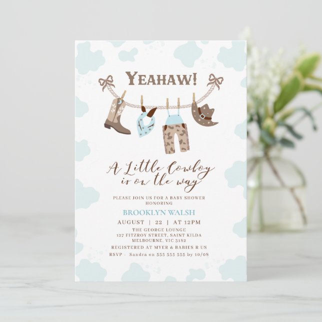 Modern Blue Brown Little Cowboy Baby Shower Invitation (Standing Front)
