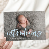 Modern Blue Brush Script Introducing Photo Birth Announcement