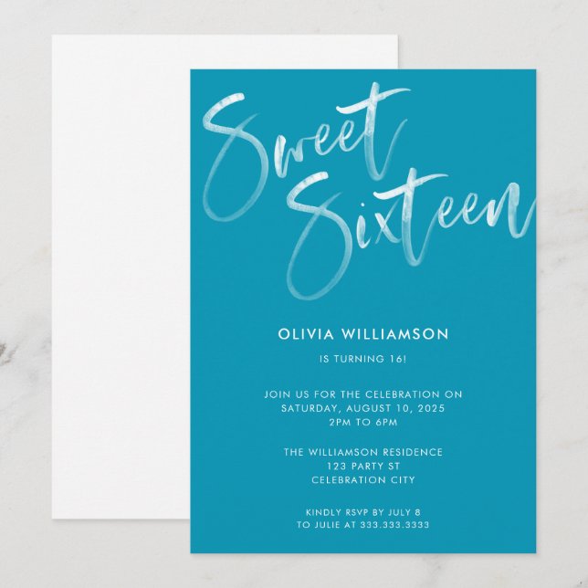 Modern Blue Brush Script Sweet 16 Birthday  Invitation (Front/Back)