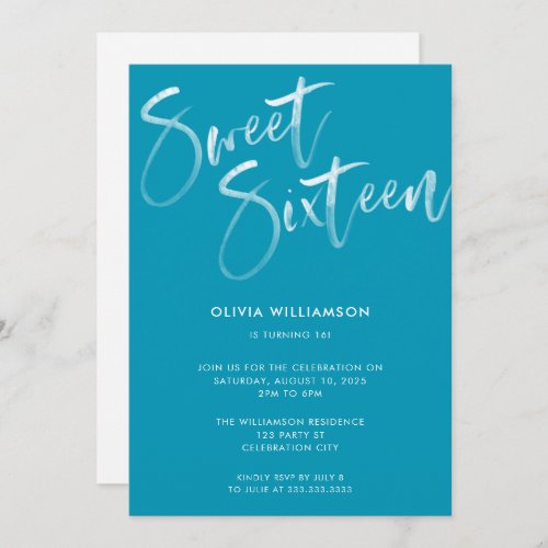 Modern Blue Brush Script Sweet 16 Birthday 