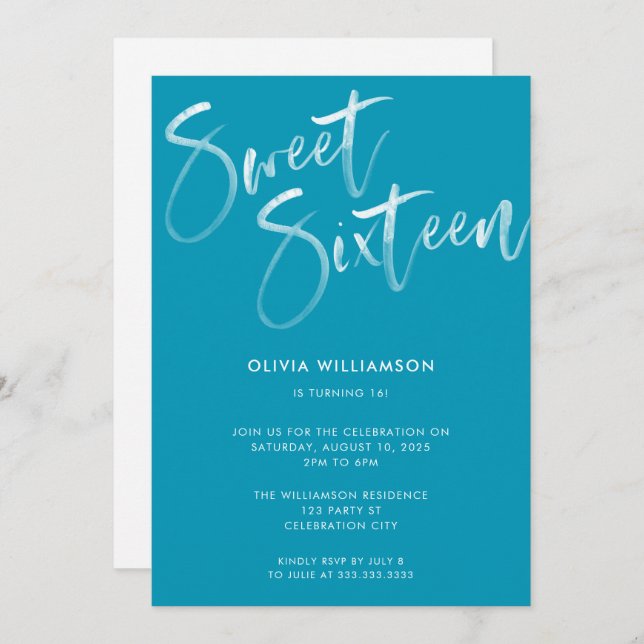 Modern Blue Brush Script Sweet 16 Birthday  Invitation (Front/Back)
