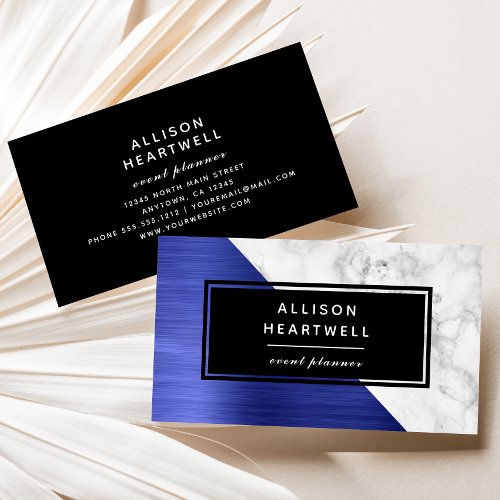 Modern Blue Brushed Metal White Marble Black Business Card
