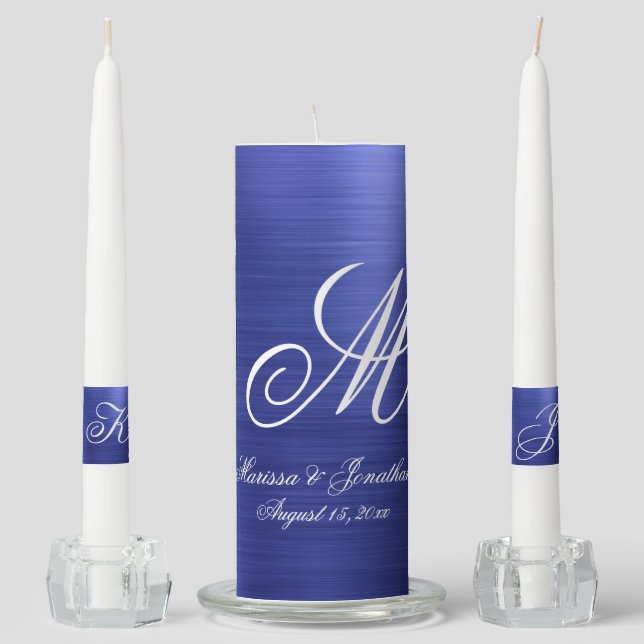Modern Blue Brushed Metallic Monogram Wedding Unity Candle Set (Front)