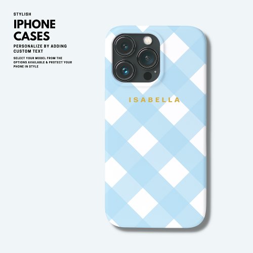 Modern Blue Buffalo Check iPhone Case with Name