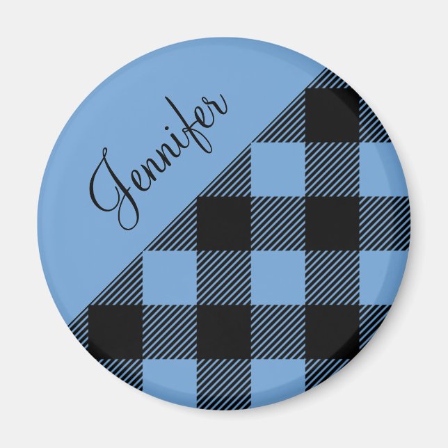 Modern Blue Buffalo Plaid Name Magnet (Front)