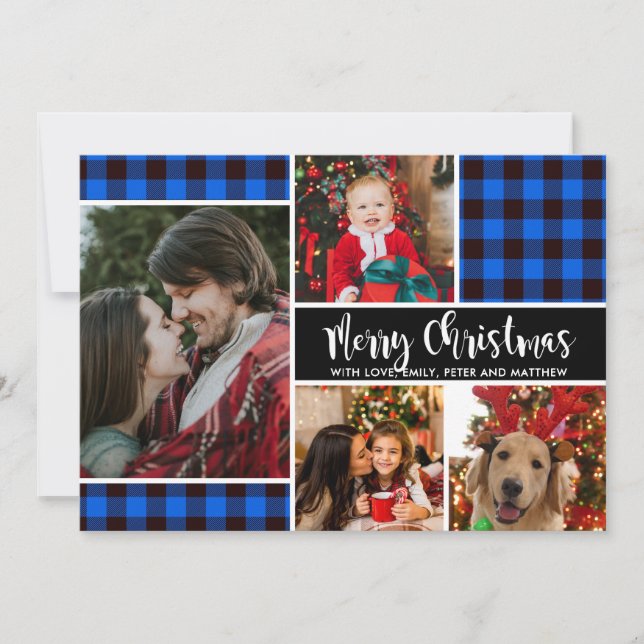 Modern Blue Buffalo Plaid Photo Christmas Card (Front)