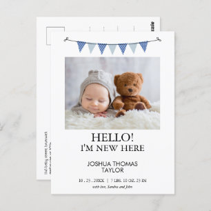 Modern Blue Bunting Flag Birth Announcement Postcard