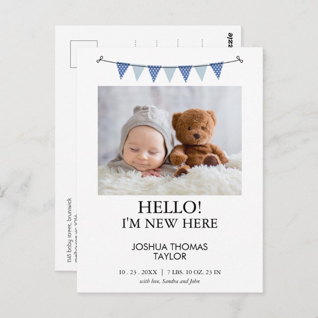 Modern Blue Bunting Flag Birth Announcement Postcard (Front/Back)