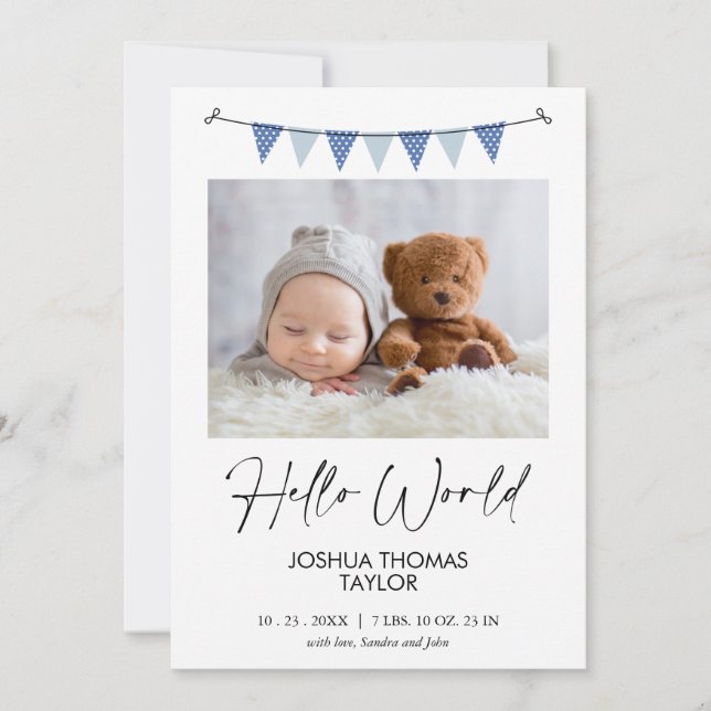 Modern Blue Bunting Flag Hello Birth Announcement (Front)