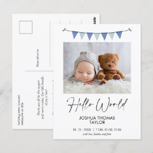 Modern Blue Bunting Flag Hello Birth Announcement Postcard