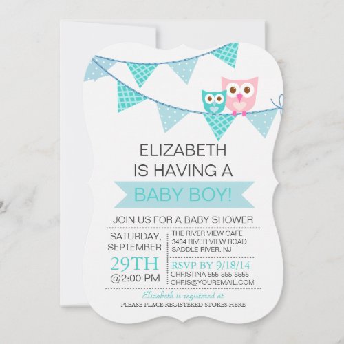 Modern Blue Bunting Pennant Owl Boy Baby Shower 5x7 Paper Invitation Card