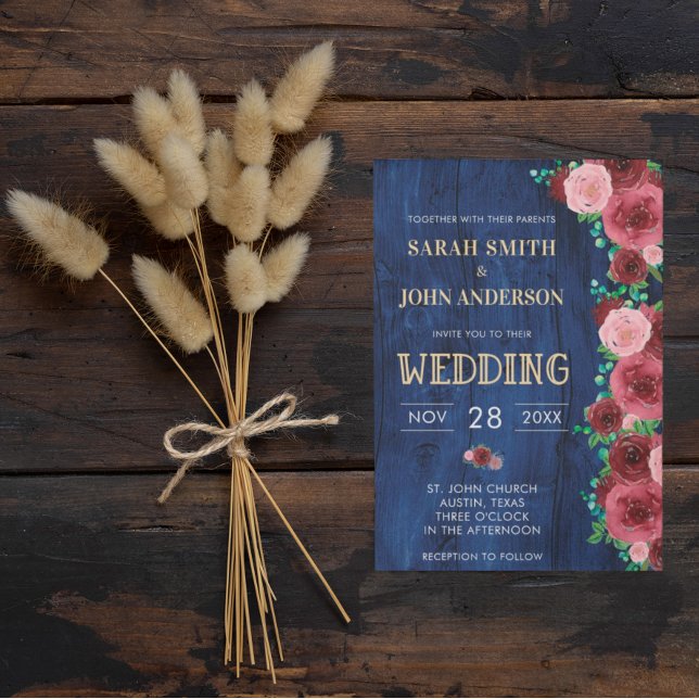 Modern Blue Burgundy Watercolor Wedding Invitation (Creator Uploaded)