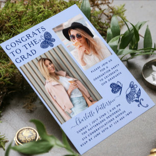 Modern Blue Butterfly Photo Graduation Party Invitation