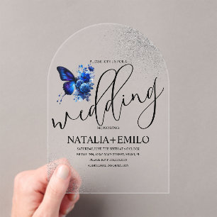Modern Blue Butterfly  Script Minimal Wedding Acrylic Invitations
