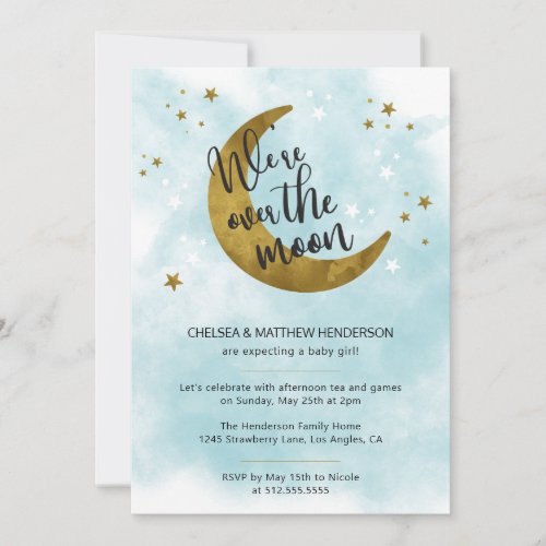 Modern Blue Calligraphy Over The Moon Baby Shower Invitation