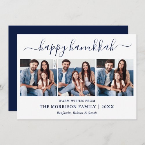 Modern Blue Calligraphy Script Hanukkah 3 Photo  Holiday Card