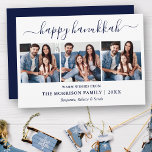 Modern Blue Calligraphy Script Hanukkah 3 Photo  Holiday Card<br><div class="desc">Modern Trendy Calligraphy Script 3 Photo Family Photo Collage Happy Hanukkah Card - Navy Blue</div>