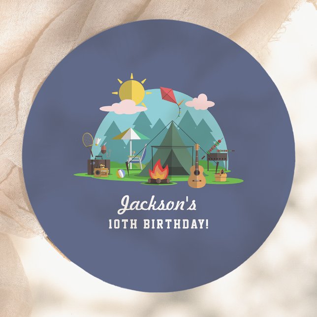 Modern Blue Camping Birthday Party Paper Plates (Creator Uploaded)