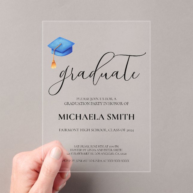 Modern Blue Cap High School Photo Graduation Party Acrylic Invitations (Insitu (Handheld))