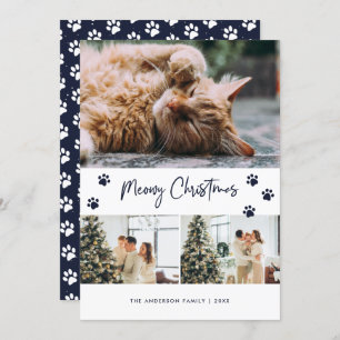 Modern Blue Cat Owner Photo Meowy Christmas Card