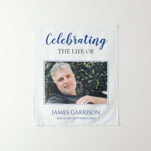 Modern Blue Celebration Of Life with Photo Funeral Tapestry