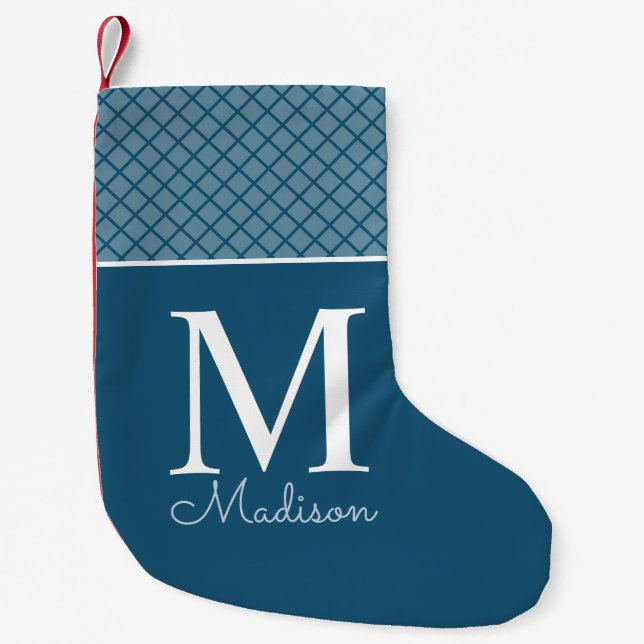 Modern blue checkered pattern name monogram small christmas stocking (Front)