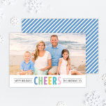 Modern Blue Cheers Happy Holidays Photo Holiday Card<br><div class="desc">Simple and modern holiday photo card features your photo with multi-colored "Cheers" wording and custom text for a seasonal message, your family name, and year. The back of the card includes a pattern of diagonal stripes. Cheerful colors, perfect for a summer / vacation photo, include sky blue, mint green, violet...</div>