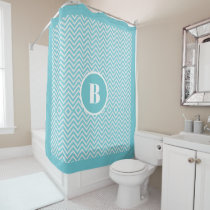Modern Blue Chevron Monogram Baby Nursery Bath  Shower Curtain