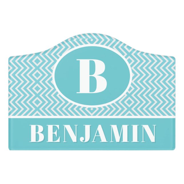 Modern Blue Chevron Monogram Baby Nursery  Door Sign (Small Crest Front)