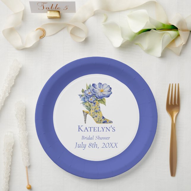 Modern Blue Chinoiserie High-Heel Shoe Paper Plates (Wedding)