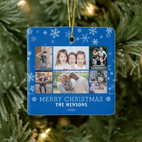 Modern Blue Christmas Family 6 Photo Collage Ceramic Ornament