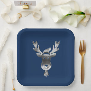 Modern Blue Christmas Faux Silver Reindeer Paper Plates