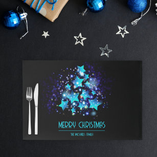 Modern Blue Christmas Tree on Black Paper Placemat