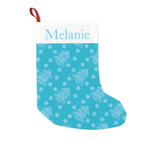 Modern Blue Christmas Tree Pattern Personalised Small Christmas Stocking