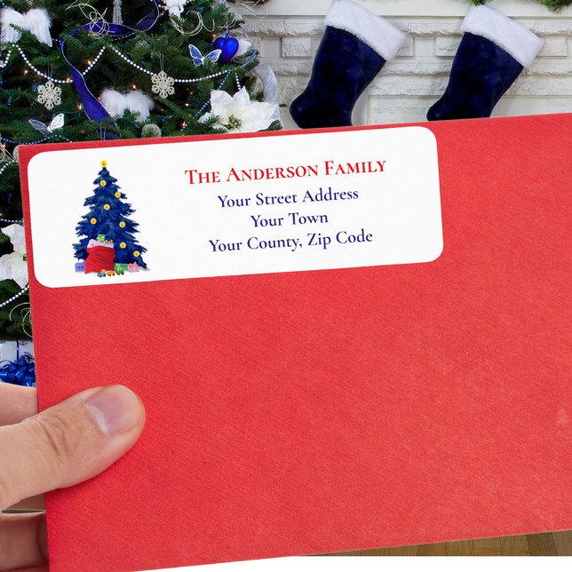 Modern Blue Christmas Tree Red Santa Sack Name  Label (Creator Uploaded)