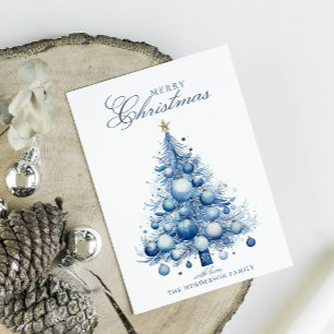 Modern Blue Christmas Tree Watercolor Custom Name Holiday Postcard