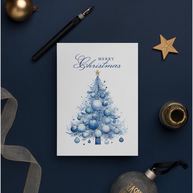 Modern Blue Christmas Tree Watercolor Custom Photo Holiday Card (Creator Uploaded)