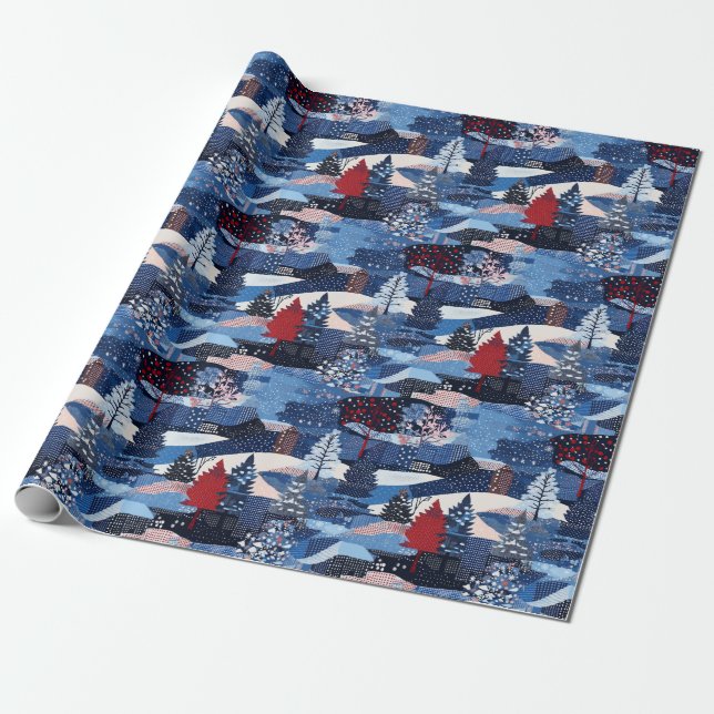 Modern blue Christmas trees patchwork Wrapping Paper (Unrolled)