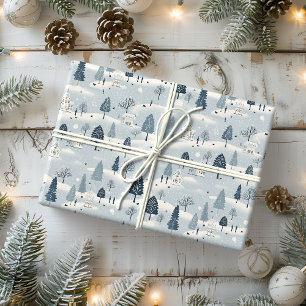 Modern Blue Christmas Village Wrapping Paper
