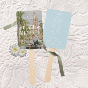 Modern Blue Citrus Script Wedding Ceremony Program Hand Fan