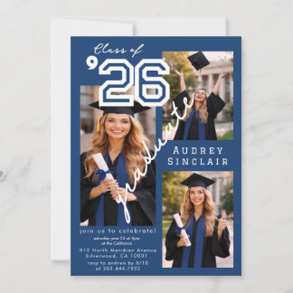 Modern blue Class of 2026 3-Photo Graduation  Invi Invitation
