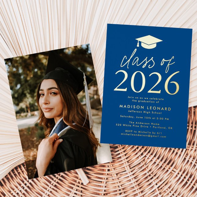 Modern Blue Class of 2026 Graduation Party Foil Invitation (Creator Uploaded)