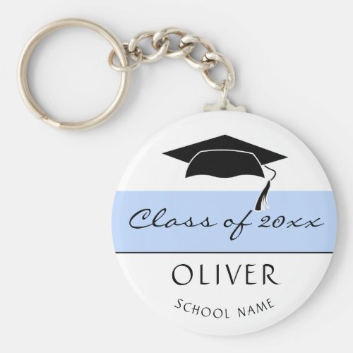 Modern Blue Class of and Graduate Name Graduation Keychain - Modern and Simple Blue Class of Graduation Keychain with a graduate name, school name and black graduation cap. Blue stripe on white background. Personalize the keychain and make a great personalized gift and keepsake for a graduate.