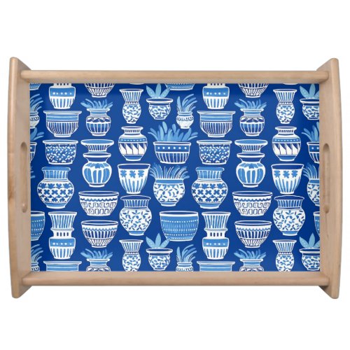 Modern blue clay pots pattern serving tray