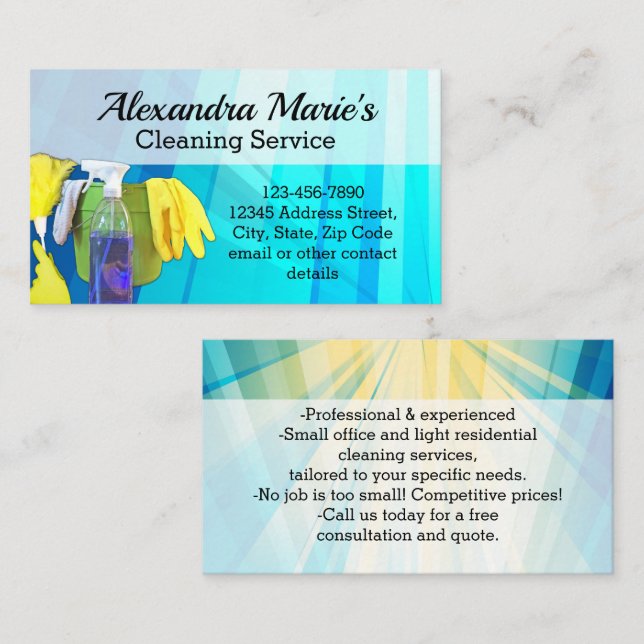 Modern Blue Cleaning Service Housekeeping Business Card (Front/Back)