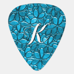 Modern Blue Cluster Floral Pattern Monogram Custom Guitar Pick