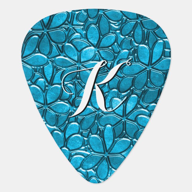 Modern Blue Cluster Floral Pattern Monogram Custom Guitar Pick (Front)